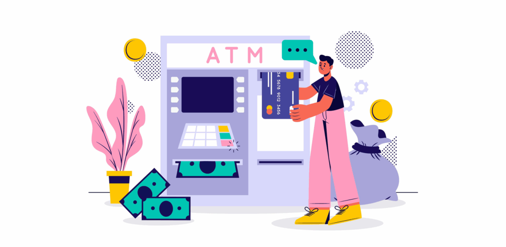 A user interacting with a digital ATM kiosk, illustrating how modular core banking systems enable new channels to reach underbanked customers.
